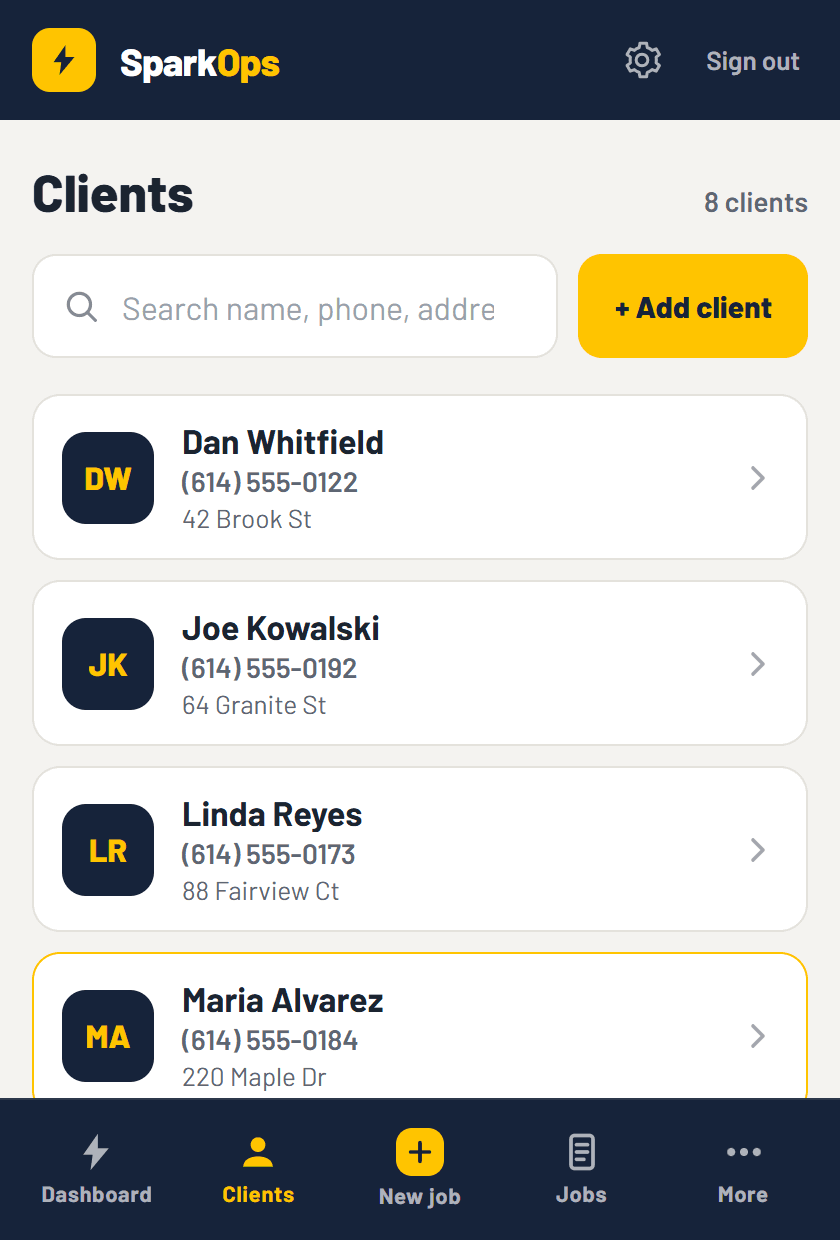 SparkOps client list with contact details